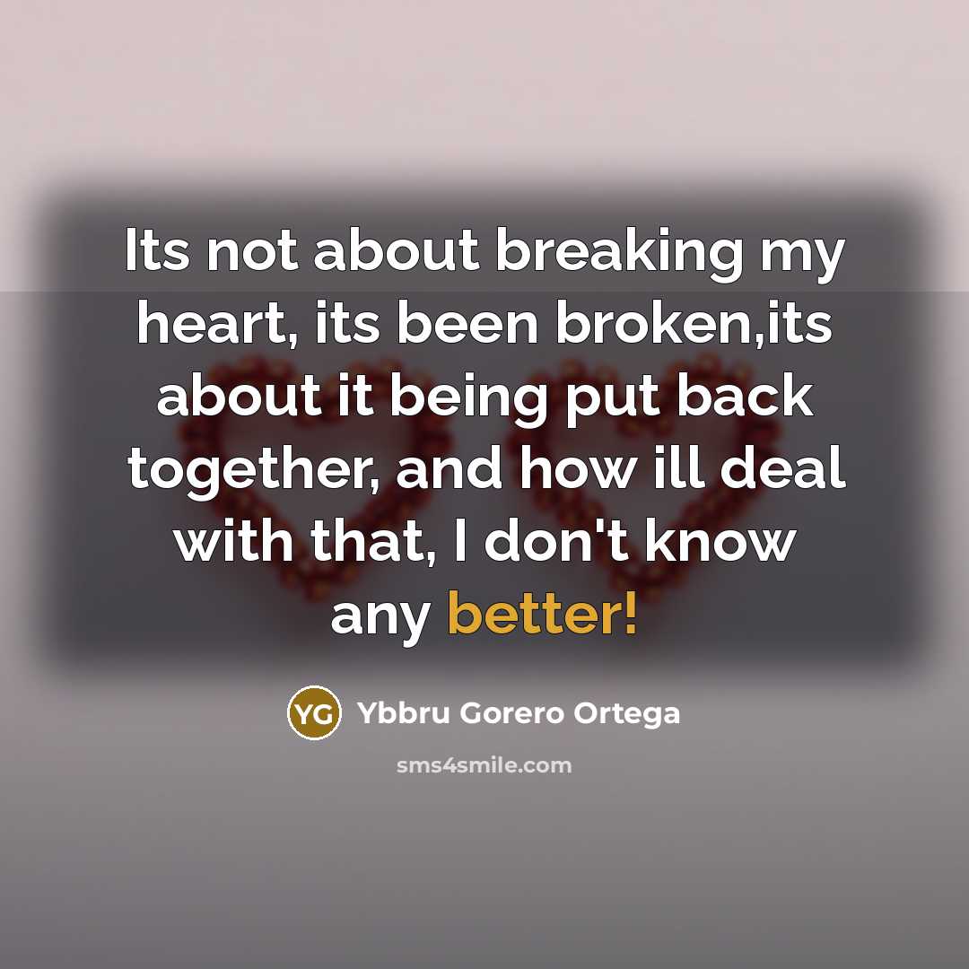 “Its not about breaking my heart, its been broken,its about it being put back together, and how ill deal with that, I don't know any better!” quote by Ybbru Gorero Ortega
