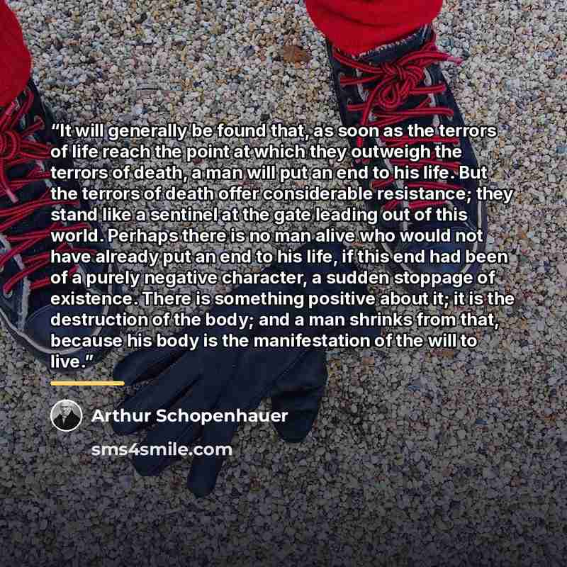 “It will generally be found that, as soon as the terrors of life reach the point at which they outweigh the terrors of death, a man will put an end to his life. But the terrors of death offer considerable resistance; they stand like a sentinel at the gate leading out of this world. Perhaps there is…” quote by Arthur Schopenhauer