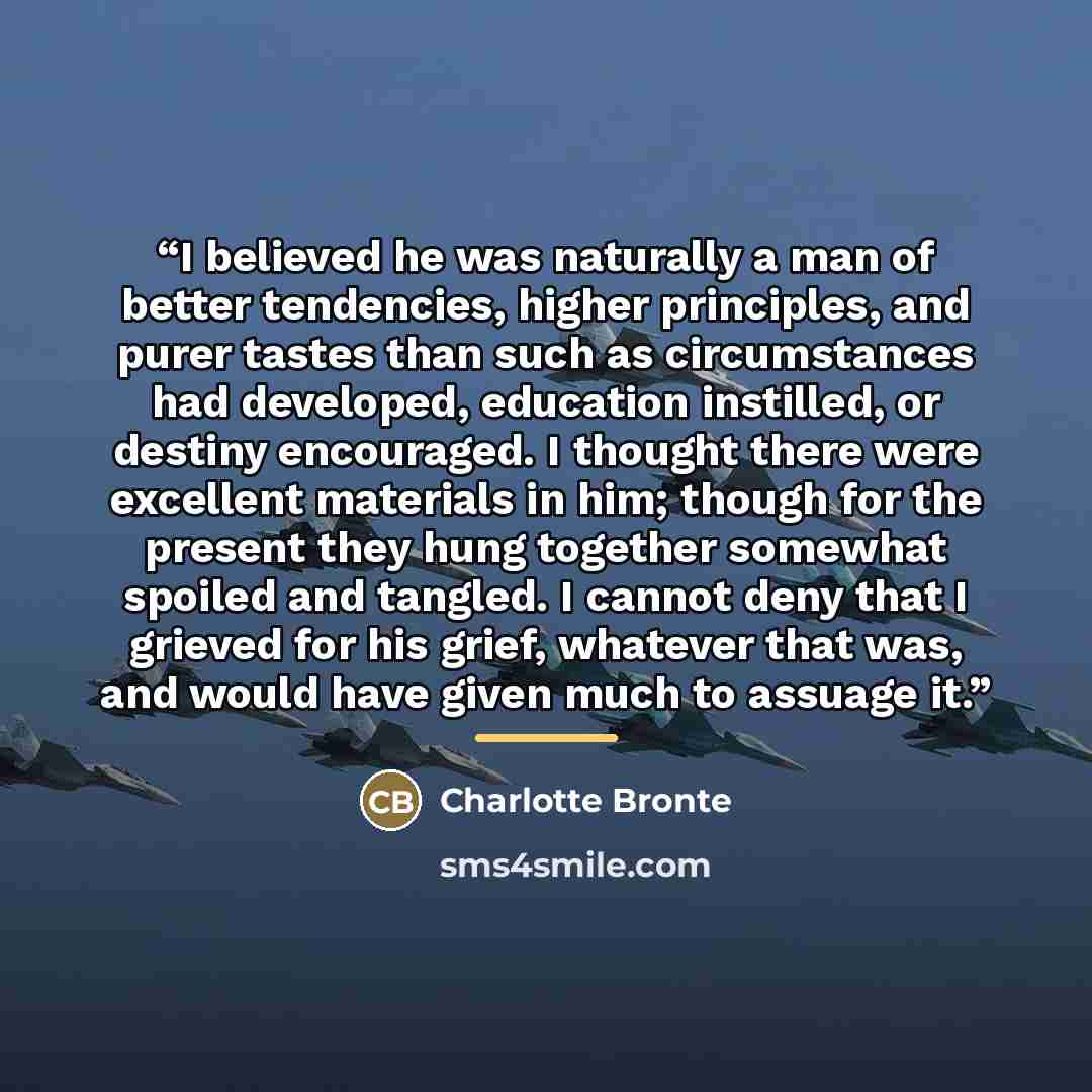 “I believed he was naturally a man of better tendencies, higher principles, and purer tastes than such as circumstances had developed, education instilled, or destiny encouraged. I thought there were excellent materials in him; though for the present they hung together somewhat spoiled and tangled…” quote by Charlotte Brontë