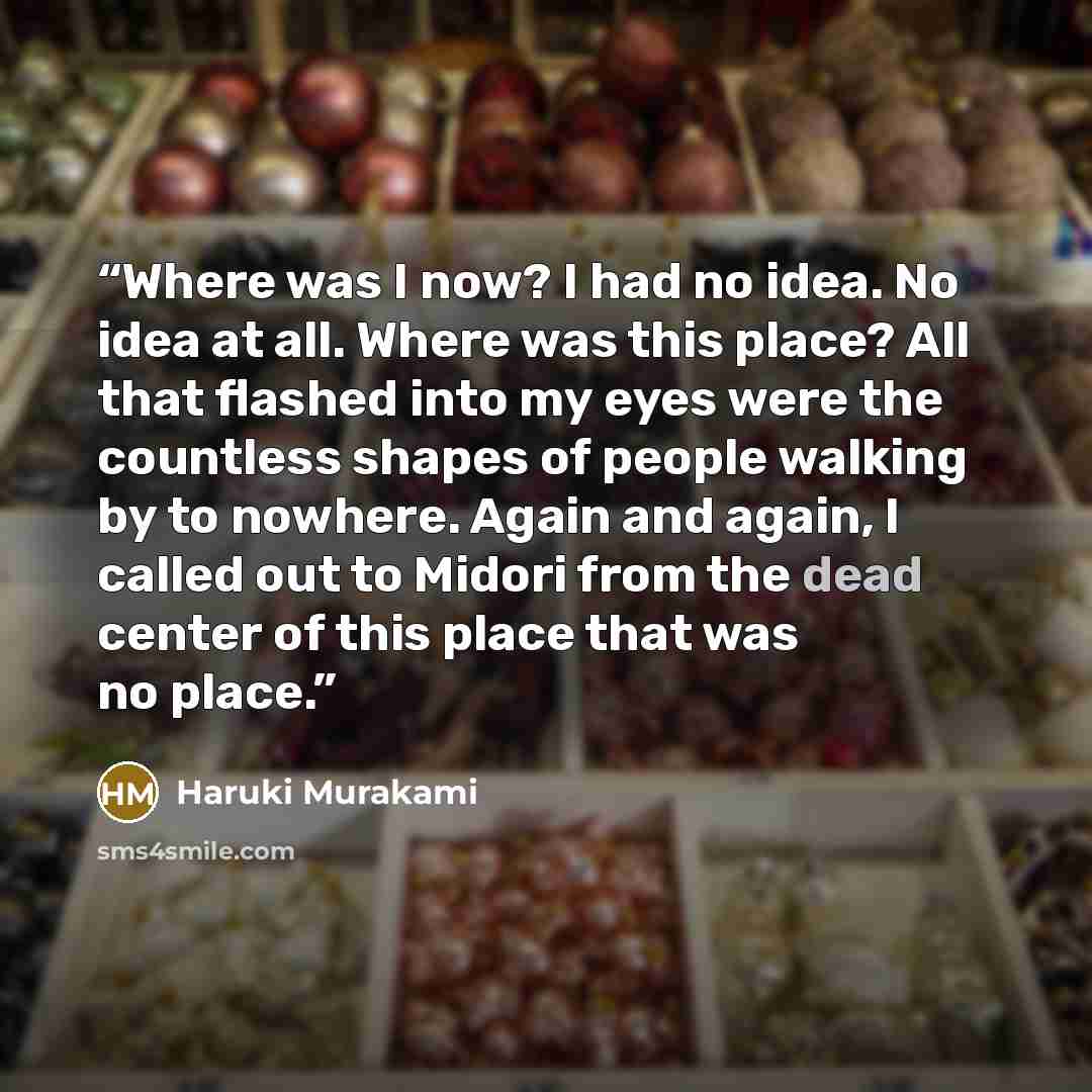 “Where was I now? I had no idea. No idea at all. Where was this place? All that flashed into my eyes were the countless shapes of people walking by to nowhere. Again and again, I called out to Midori from the dead center of this place that was no place.” quote by Haruki Murakami