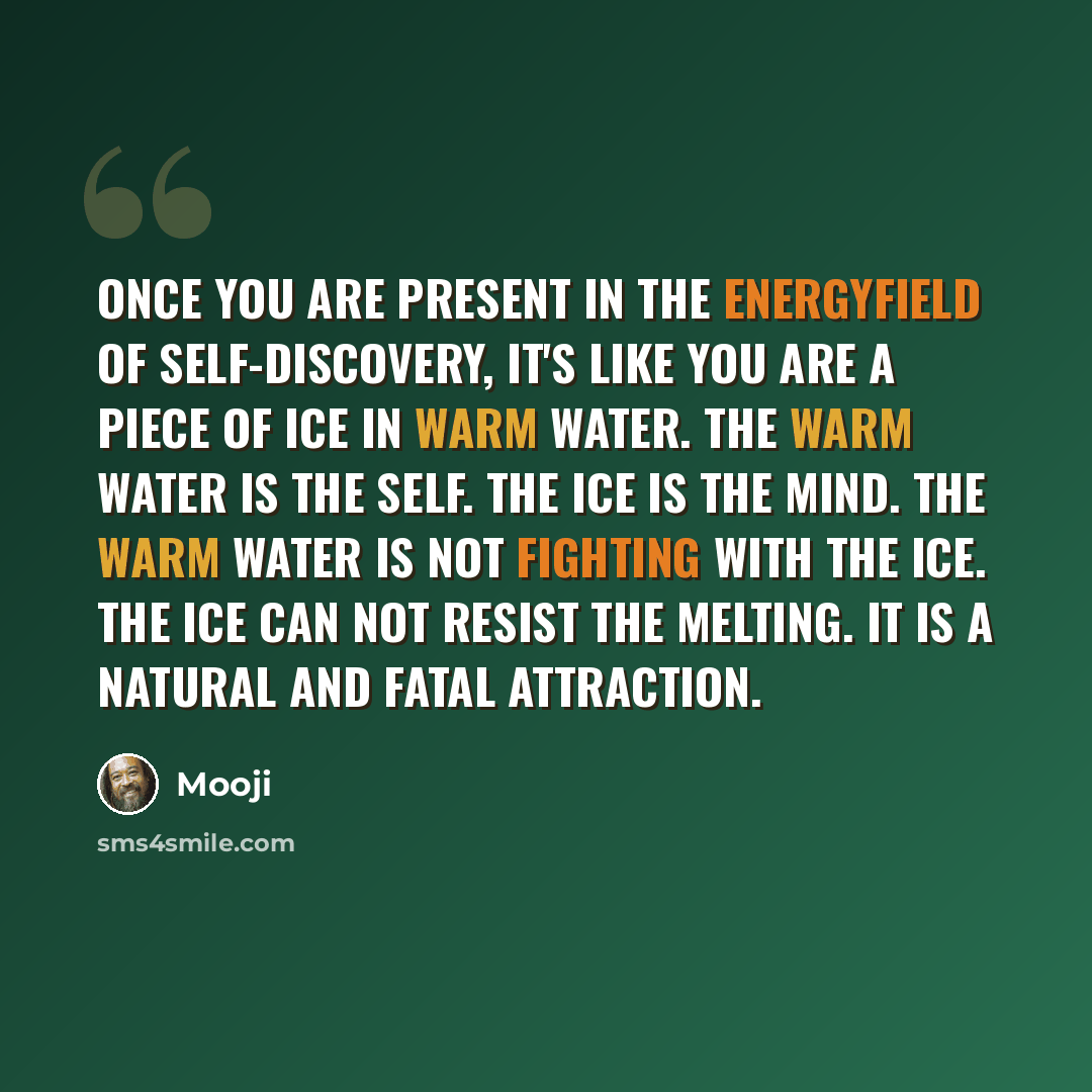 “Once you are present in the Energyfield of Self-discovery, it's like you are a piece of ice in warm water. The warm water is the Self. The ice is the mind. The warm water is not fighting with the ice. The ice can not resist the melting. It is a natural and fatal attraction.” quote by Mooji