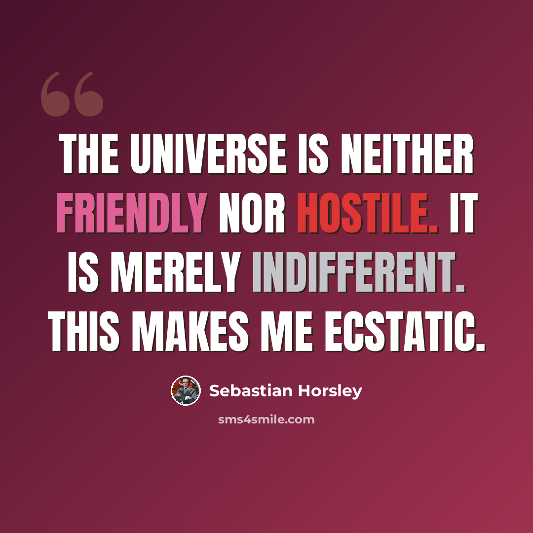 “The universe is neither friendly nor hostile. It is merely indifferent. This makes me ecstatic.” quote by Sebastian Horsley