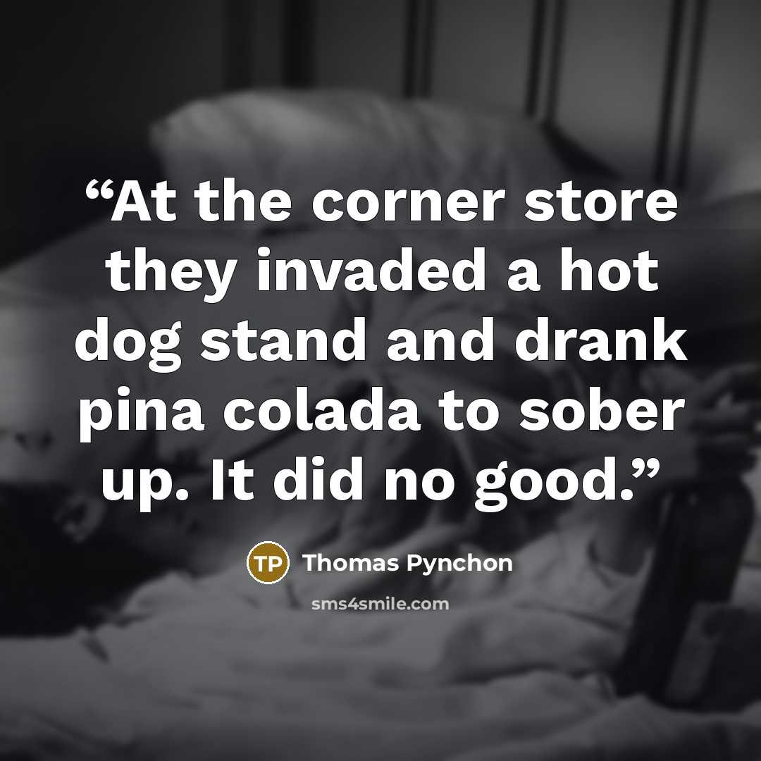 “At the corner store they invaded a hot dog stand and drank pina colada to sober up. It did no good.” quote by Thomas Pynchon