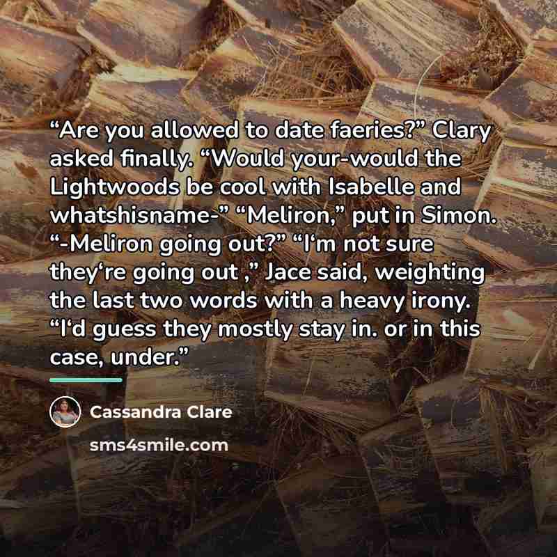 “Are you allowed to date faeries?” Clary asked finally. “Would your-would the Lightwoods be cool with Isabelle and whatshisname-” “Meliron,” put in Simon. “-Meliron going out?” “I‘m not sure they‘re going out ,” Jace said, weighting the last two words with a heavy irony. “I‘d guess they mostly stay…” quote by Cassandra Clare
