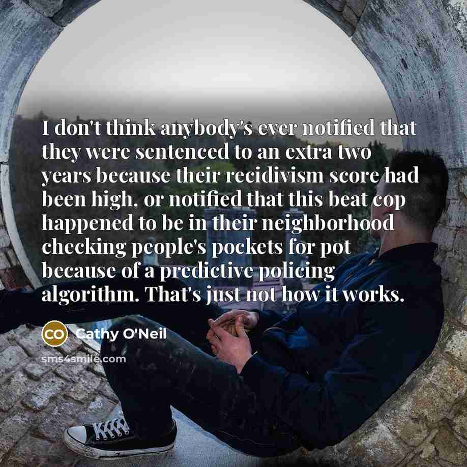 “I don't think anybody's ever notified that they were sentenced to an extra two years because their recidivism score had been high, or notified that this beat cop happened to be in their neighborhood checking people's pockets for pot because of a predictive policing algorithm. That's just not how…” quote by Cathy O'Neil