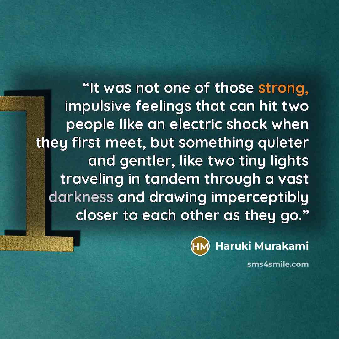 “It was not one of those strong, impulsive feelings that can hit two people like an electric shock when they first meet, but something quieter and gentler, like two tiny lights traveling in tandem through a vast darkness and drawing imperceptibly closer to each other as they go.” quote by Haruki Murakami