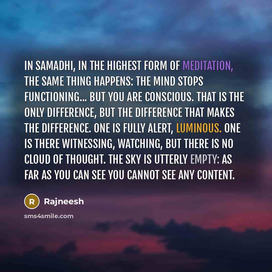 “In samadhi, in the highest form of meditation, the same thing happens: the mind stops functioning... but you are conscious. That is the only difference, but the difference that makes the difference. One is fully alert, luminous. One is there witnessing, watching, but there is no cloud of thought…” quote by Rajneesh