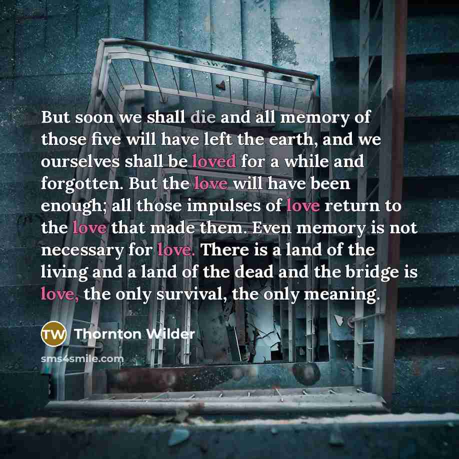 “But soon we shall die and all memory of those five will have left the earth, and we ourselves shall be loved for a while and forgotten. But the love will have been enough; all those impulses of love return to the love that made them. Even memory is not necessary for love. There is a land of the…” quote by Thornton Wilder