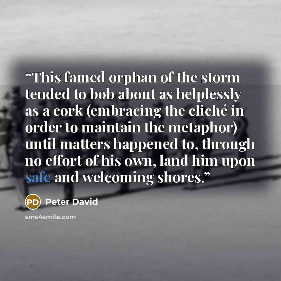 “This famed orphan of the storm tended to bob about as helplessly as a cork (embracing the cliché in order to maintain the metaphor) until matters happened to, through no effort of his own, land him upon safe and welcoming shores.” quote by Peter David