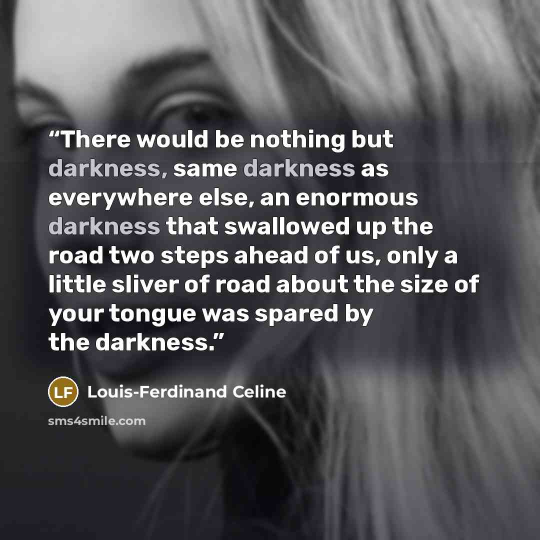 “There would be nothing but darkness, same darkness as everywhere else, an enormous darkness that swallowed up the road two steps ahead of us, only a little sliver of road about the size of your tongue was spared by the darkness.” quote by Louis-Ferdinand Céline