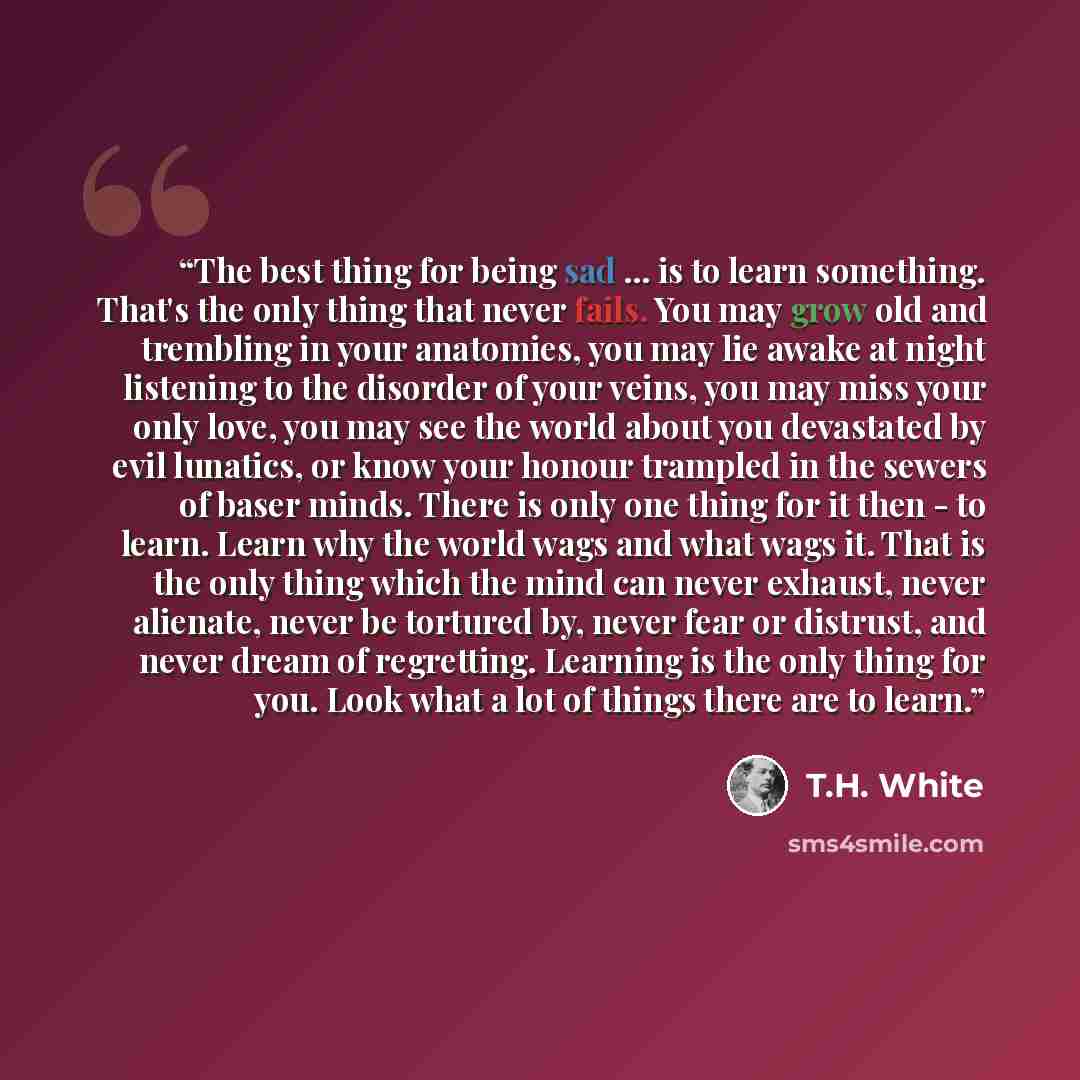 “The best thing for being sad ... is to learn something. That's the only thing that never fails. You may grow old and trembling in your anatomies, you may lie awake at night listening to the disorder of your veins, you may miss your only love, you may see the world about you devastated by evil…” quote by T.H. White