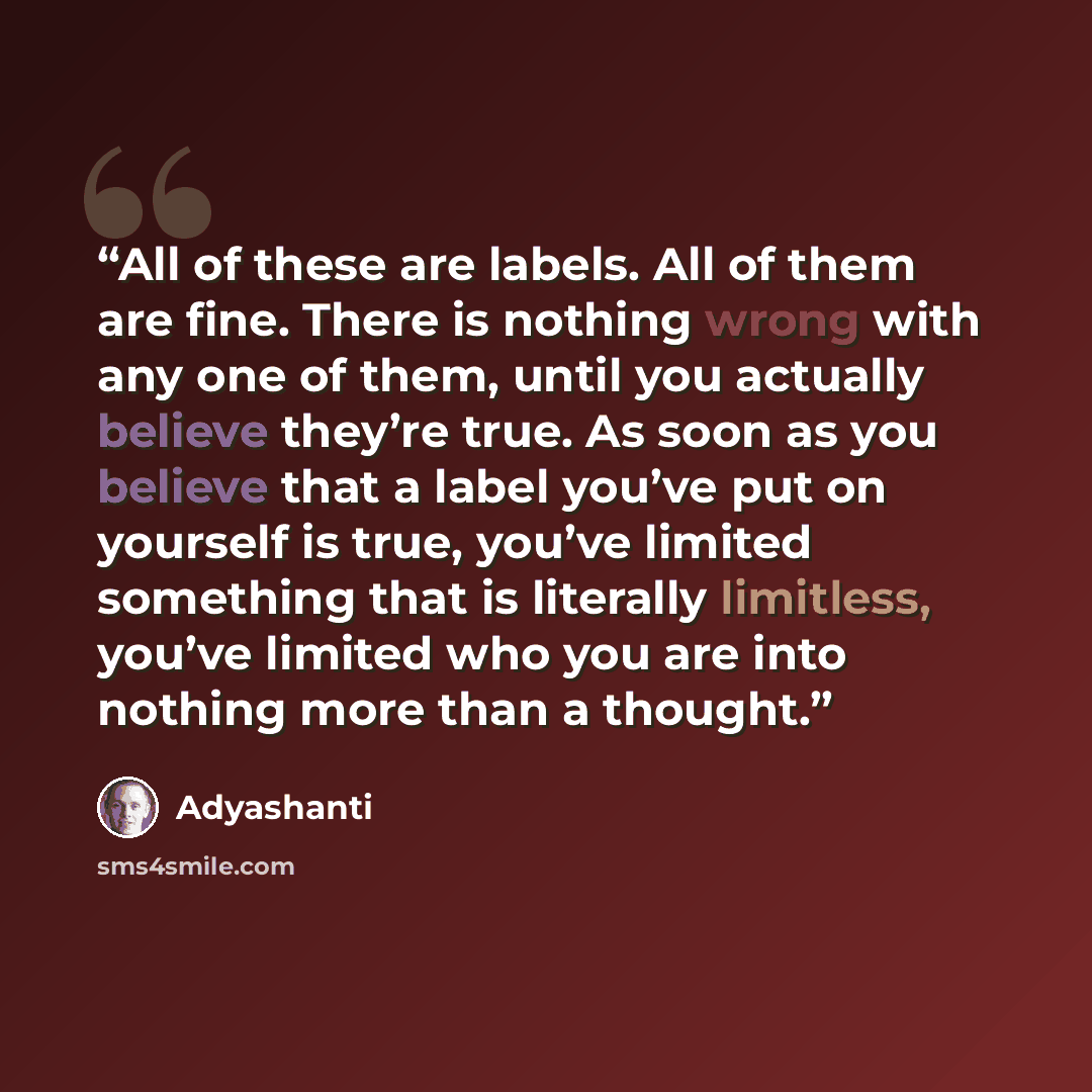 “All of these are labels. All of them are fine. There is nothing wrong with any one of them, until you actually believe they’re true. As soon as you believe that a label you’ve put on yourself is true, you’ve limited something that is literally limitless, you’ve limited who you are into nothing…” quote by Adyashanti