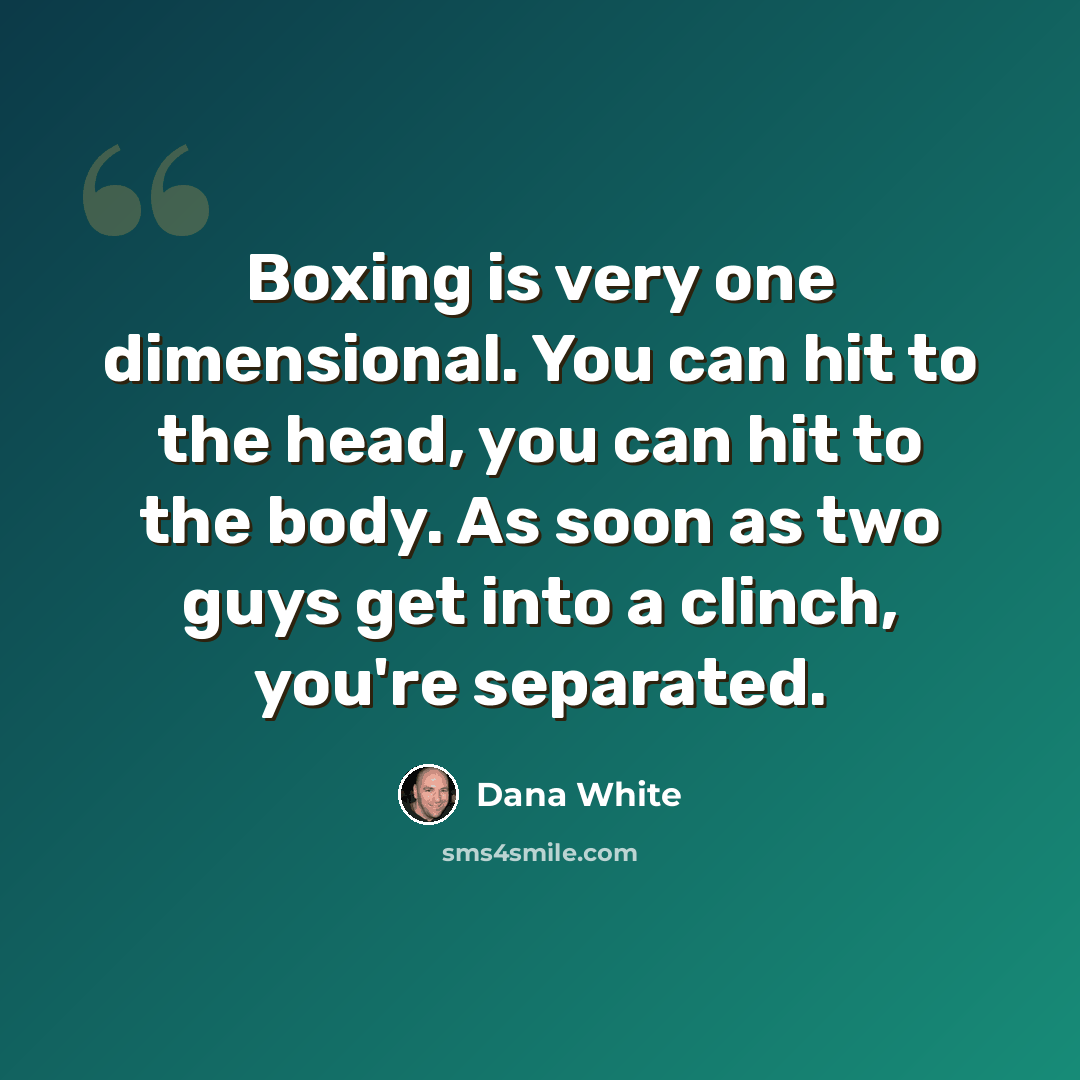 “Boxing is very one dimensional. You can hit to the head, you can hit to the body. As soon as two guys get into a clinch, you're separated.” quote by Dana White