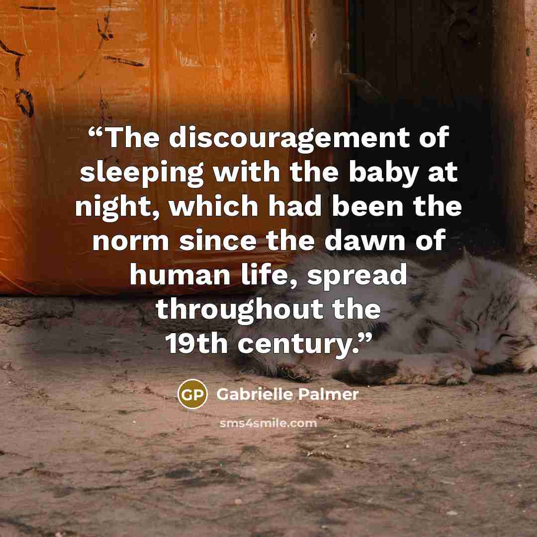 “The discouragement of sleeping with the baby at night, which had been the norm since the dawn of human life, spread throughout the 19th century.” quote by Gabrielle Palmer