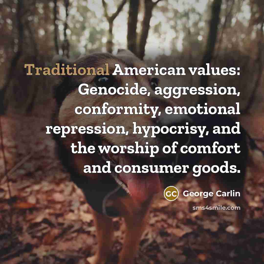 “Traditional American values: Genocide, aggression, conformity, emotional repression, hypocrisy, and the worship of comfort and consumer goods.” quote by George Carlin