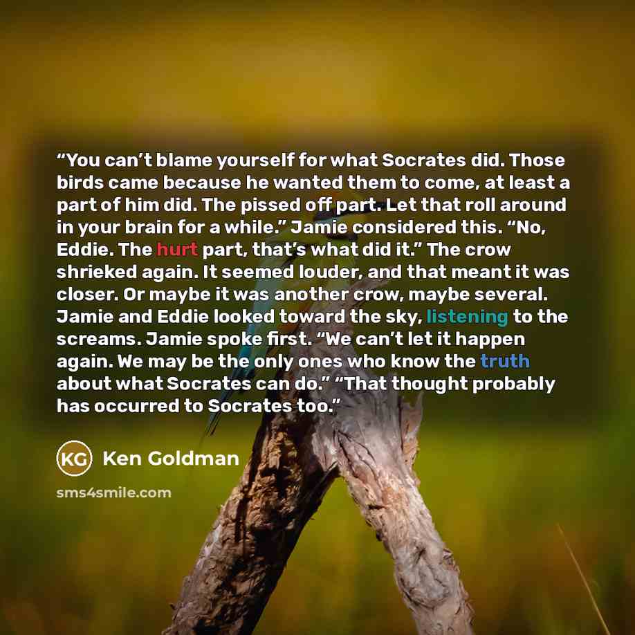 “You can’t blame yourself for what Socrates did. Those birds came because he wanted them to come, at least a part of him did. The pissed off part. Let that roll around in your brain for a while.” Jamie considered this. “No, Eddie. The hurt part, that’s what did it.” The crow shrieked again. It…” quote by Ken Goldman
