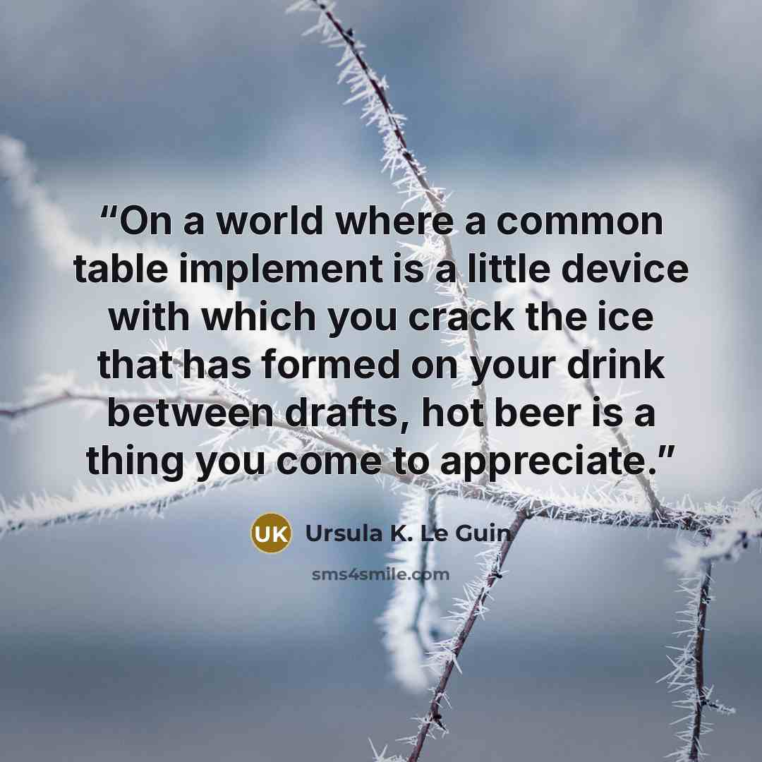 “On a world where a common table implement is a little device with which you crack the ice that has formed on your drink between drafts, hot beer is a thing you come to appreciate.” quote by Ursula K. Le Guin