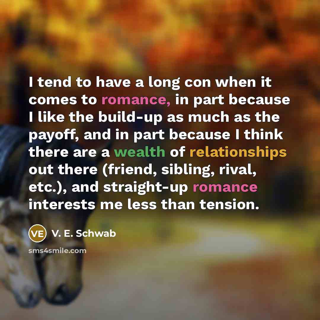 “I tend to have a long con when it comes to romance, in part because I like the build-up as much as the payoff, and in part because I think there are a wealth of relationships out there (friend, sibling, rival, etc.), and straight-up romance interests me less than tension.” quote by V. E. Schwab