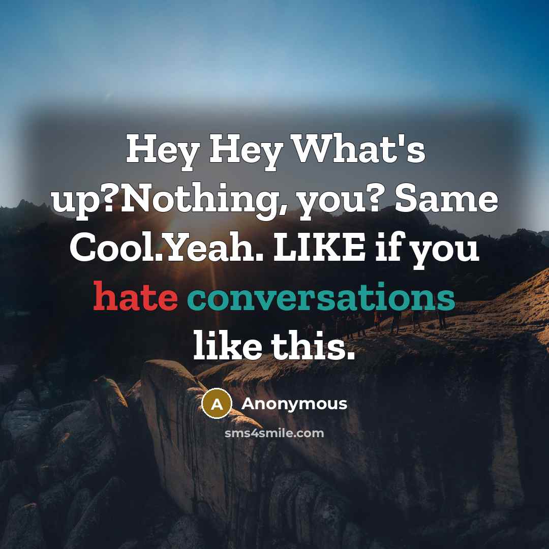 “Hey Hey What's up?Nothing, you? Same Cool.Yeah. LIKE if you hate conversations like this.” quote by Anonymous