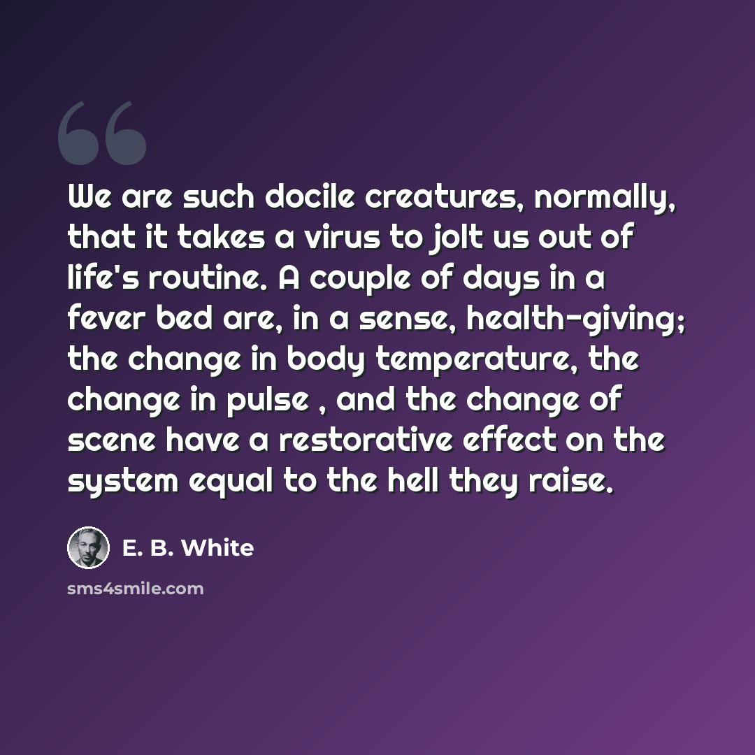 “We are such docile creatures, normally, that it takes a virus to jolt us out of life's routine. A couple of days in a fever bed are, in a sense, health-giving; the change in body temperature, the change in pulse , and the change of scene have a restorative effect on the system equal to the hell…” quote by E. B. White