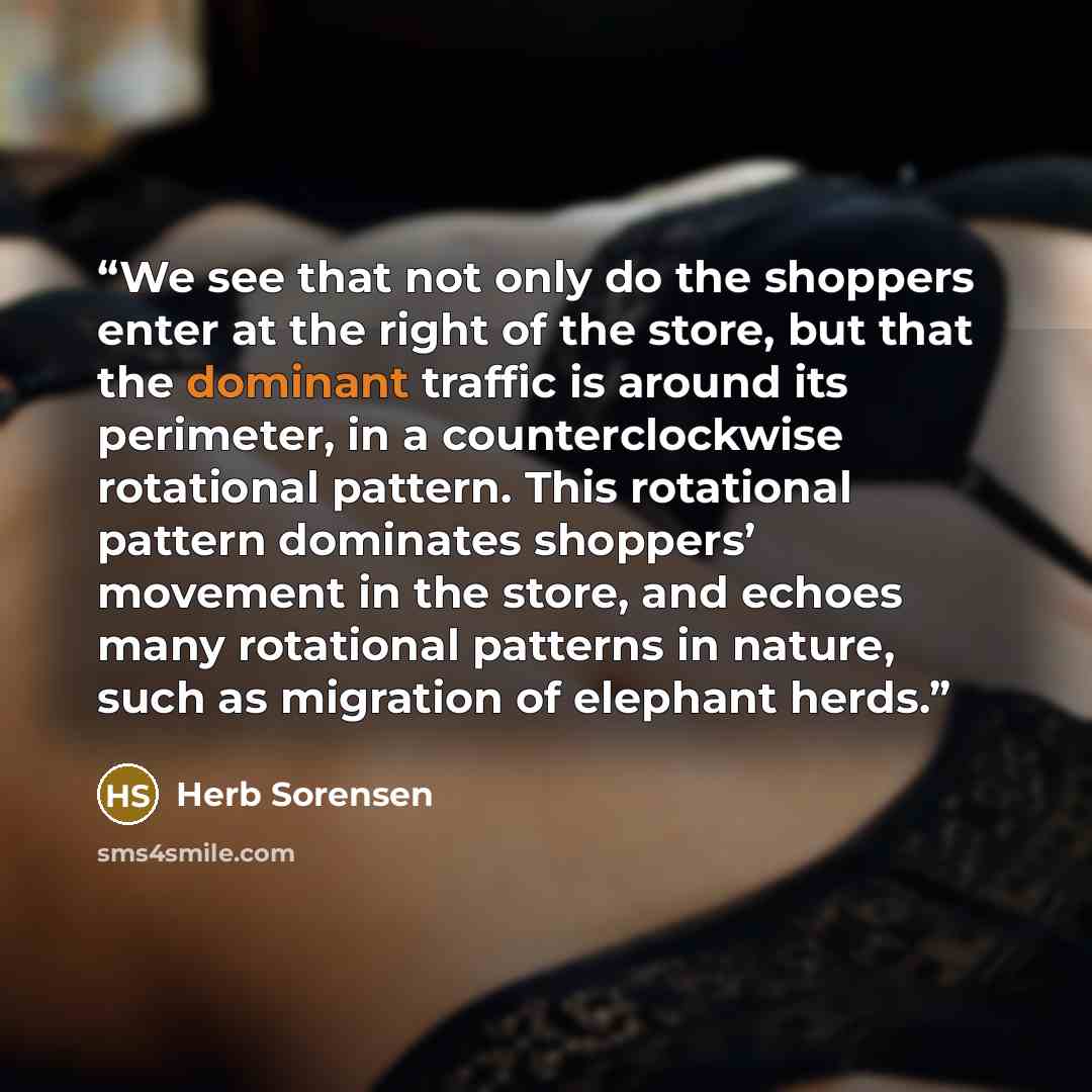 “We see that not only do the shoppers enter at the right of the store, but that the dominant traffic is around its perimeter, in a counterclockwise rotational pattern. This rotational pattern dominates shoppers’ movement in the store, and echoes many rotational patterns in nature, such as migration…” quote by Herb Sorensen