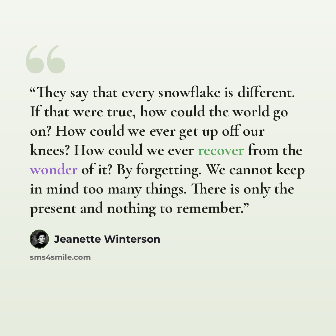 “They say that every snowflake is different. If that were true, how could the world go on? How could we ever get up off our knees? How could we ever recover from the wonder of it? By forgetting. We cannot keep in mind too many things. There is only the present and nothing to remember.” quote by Jeanette Winterson