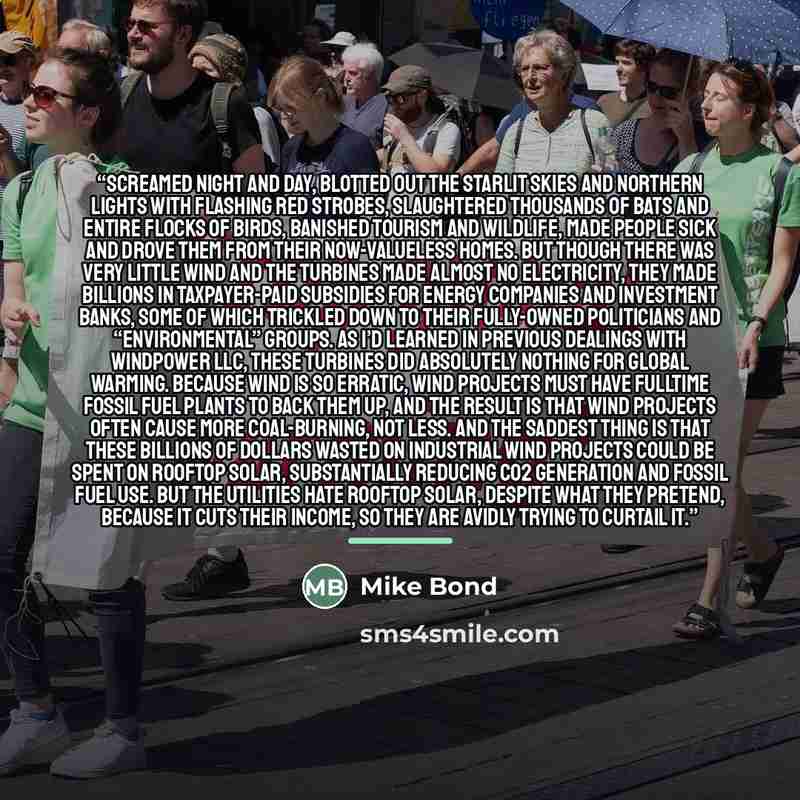 “screamed night and day, blotted out the starlit skies and Northern Lights with flashing red strobes, slaughtered thousands of bats and entire flocks of birds, banished tourism and wildlife, made people sick and drove them from their now-valueless homes. But though there was very little wind and…” quote by Mike Bond