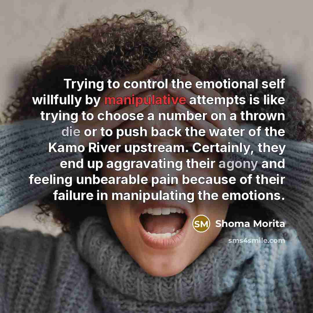 “Trying to control the emotional self willfully by manipulative attempts is like trying to choose a number on a thrown die or to push back the water of the Kamo River upstream. Certainly, they end up aggravating their agony and feeling unbearable pain because of their failure in manipulating the…” quote by Shoma Morita