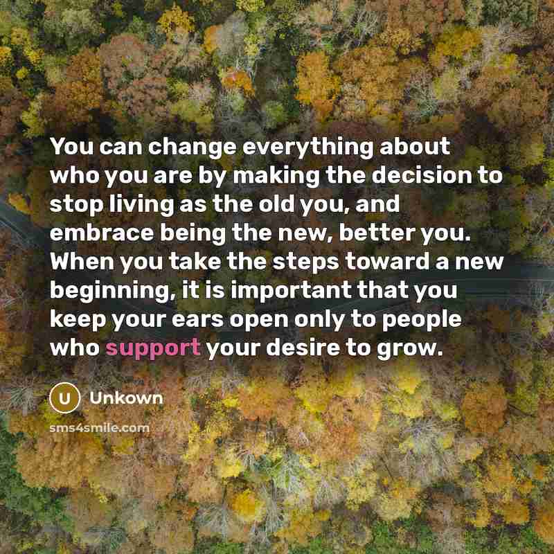 “You can change everything about who you are by making the decision to stop living as the old you, and embrace being the new, better you. When you take the steps toward a new beginning, it is important that you keep your ears open only to people who support your desire to grow.” quote by Unkown