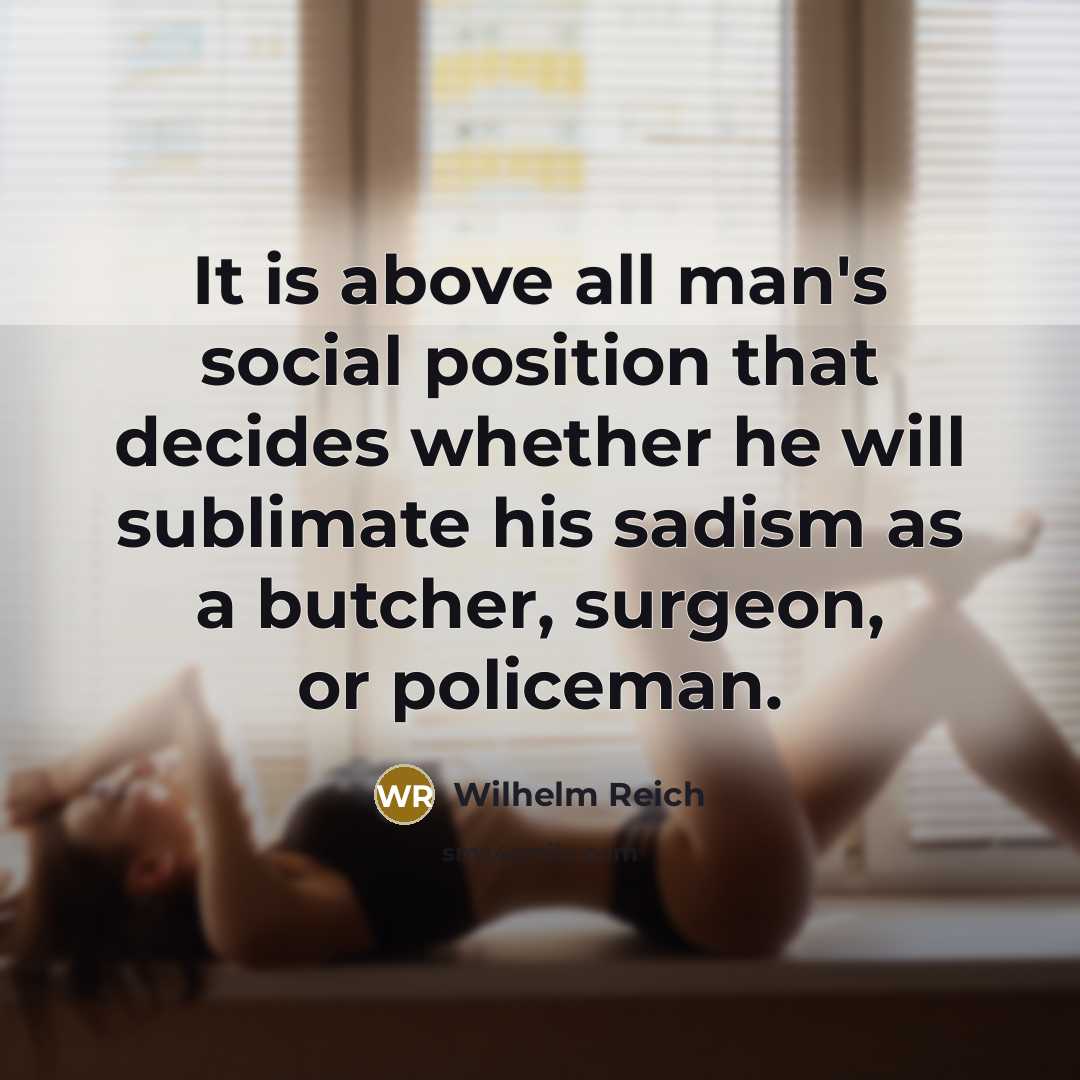 “It is above all man's social position that decides whether he will sublimate his sadism as a butcher, surgeon, or policeman.” quote by Wilhelm Reich