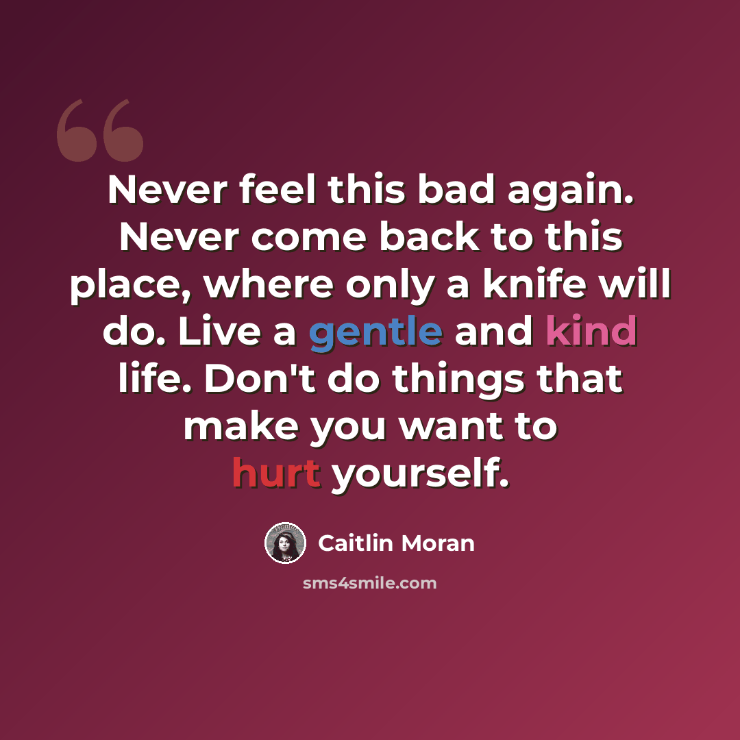 “Never feel this bad again. Never come back to this place, where only a knife will do. Live a gentle and kind life. Don't do things that make you want to hurt yourself.” quote by Caitlin Moran