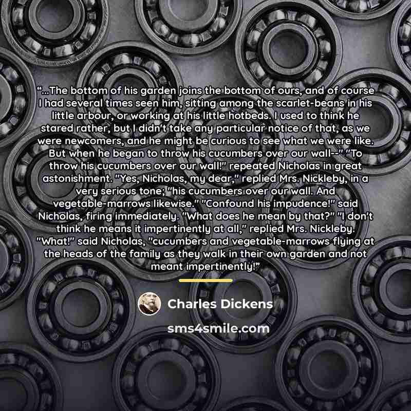 “...The bottom of his garden joins the bottom of ours, and of course I had several times seen him, sitting among the scarlet-beans in his little arbour, or working at his little hotbeds. I used to think he stared rather, but I didn't take any particular notice of that, as we were newcomers, and he…” quote by Charles Dickens