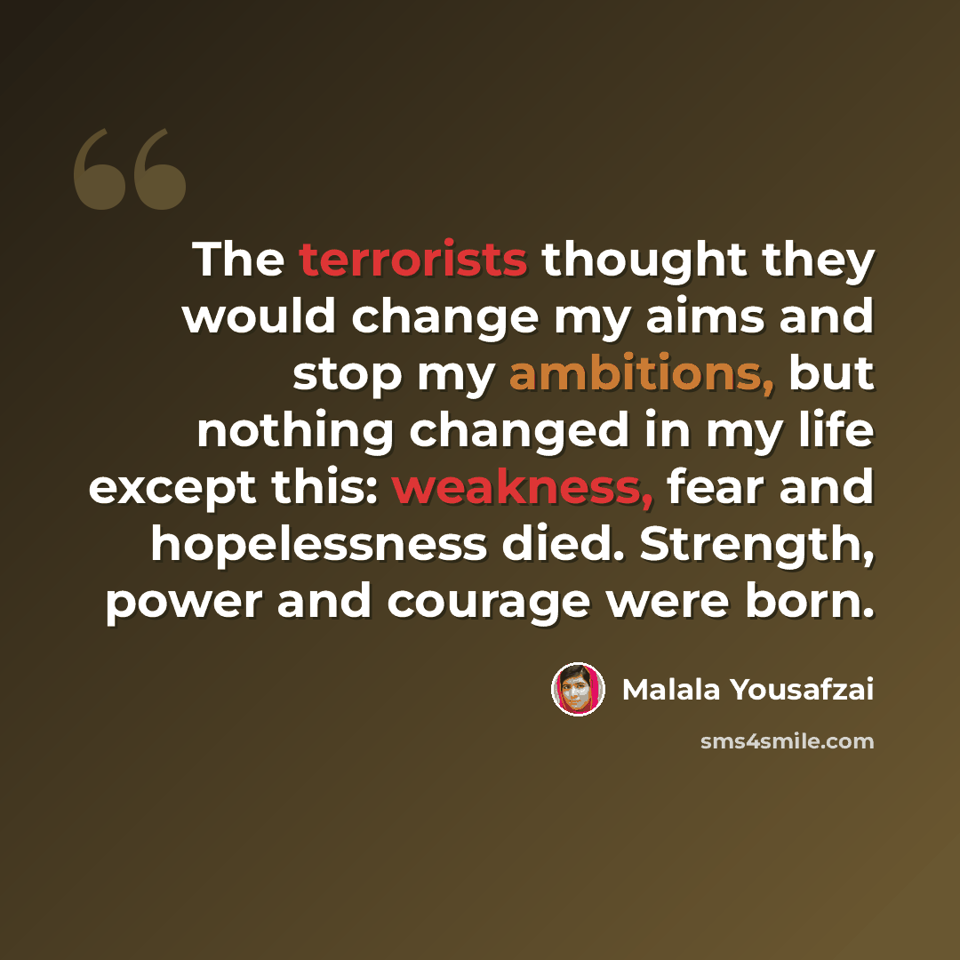 “The terrorists thought they would change my aims and stop my ambitions, but nothing changed in my life except this: weakness, fear and hopelessness died. Strength, power and courage were born.” quote by Malala Yousafzai