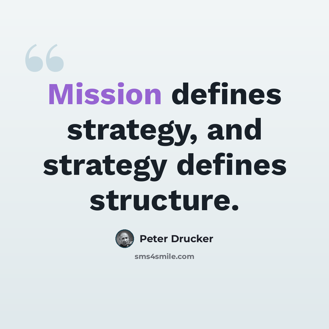 “Mission defines strategy, and strategy defines structure.” quote by Peter Drucker