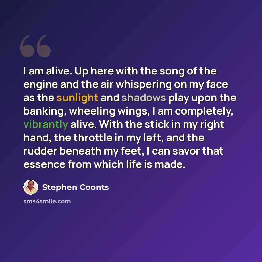 “I am alive. Up here with the song of the engine and the air whispering on my face as the sunlight and shadows play upon the banking, wheeling wings, I am completely, vibrantly alive. With the stick in my right hand, the throttle in my left, and the rudder beneath my feet, I can savor that essence…” quote by Stephen Coonts