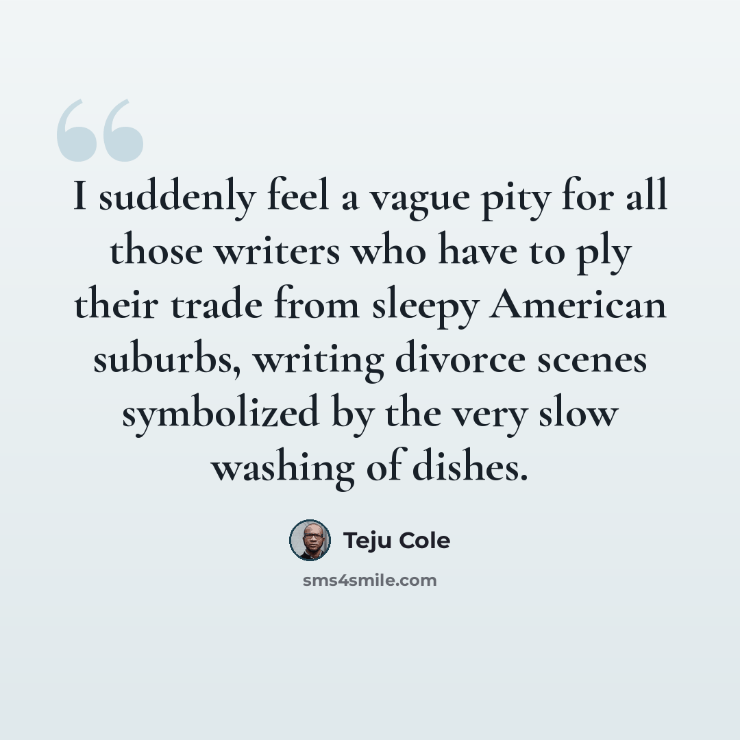 “I suddenly feel a vague pity for all those writers who have to ply their trade from sleepy American suburbs, writing divorce scenes symbolized by the very slow washing of dishes.” quote by Teju Cole