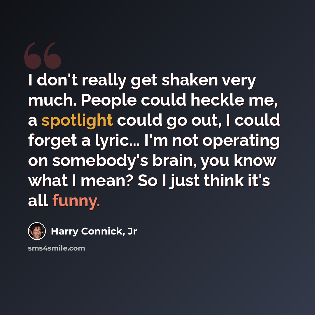 “I don't really get shaken very much. People could heckle me, a spotlight could go out, I could forget a lyric... I'm not operating on somebody's brain, you know what I mean? So I just think it's all funny.” quote by Harry Connick, Jr