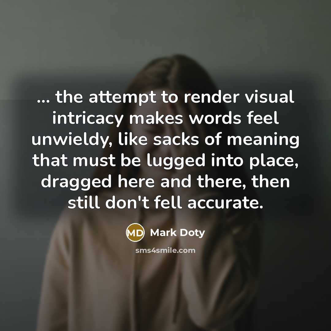 “... the attempt to render visual intricacy makes words feel unwieldy, like sacks of meaning that must be lugged into place, dragged here and there, then still don't fell accurate.” quote by Mark Doty
