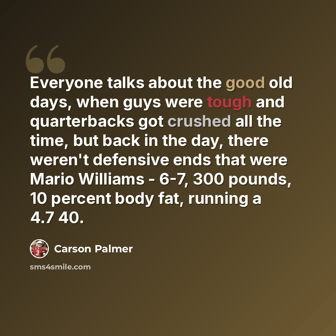“Everyone talks about the good old days, when guys were tough and quarterbacks got crushed all the time, but back in the day, there weren't defensive ends that were Mario Williams - 6-7, 300 pounds, 10 percent body fat, running a 4.7 40.” quote by Carson Palmer