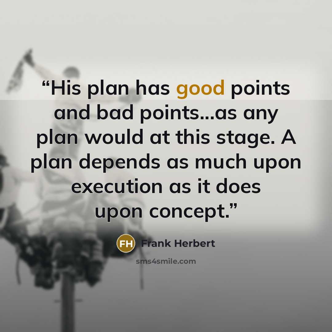 “His plan has good points and bad points...as any plan would at this stage. A plan depends as much upon execution as it does upon concept.” quote by Frank Herbert