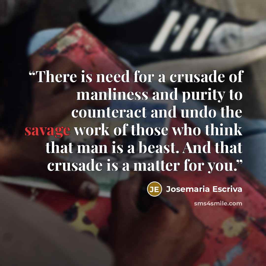 “There is need for a crusade of manliness and purity to counteract and undo the savage work of those who think that man is a beast. And that crusade is a matter for you.” quote by Josemaria Escriva