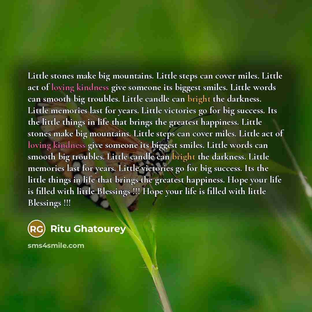 “Little stones make big mountains. Little steps can cover miles. Little act of loving kindness give someone its biggest smiles. Little words can smooth big troubles. Little candle can bright the darkness. Little memories last for years. Little victories go for big success. Its the little things in…” quote by Ritu Ghatourey