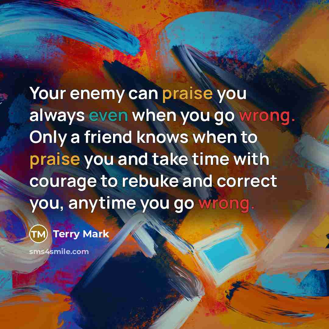 “Your enemy can praise you always even when you go wrong. Only a friend knows when to praise you and take time with courage to rebuke and correct you, anytime you go wrong.” quote by Terry Mark