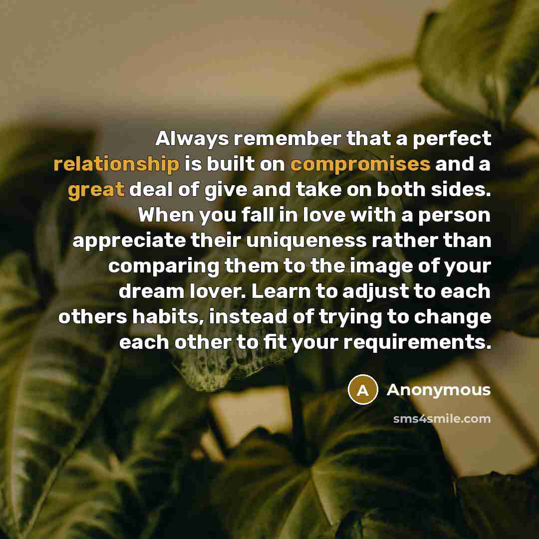 “Always remember that a perfect relationship is built on compromises and a great deal of give and take on both sides. When you fall in love with a person appreciate their uniqueness rather than comparing them to the image of your dream lover. Learn to adjust to each others habits, instead of trying…” quote by Anonymous