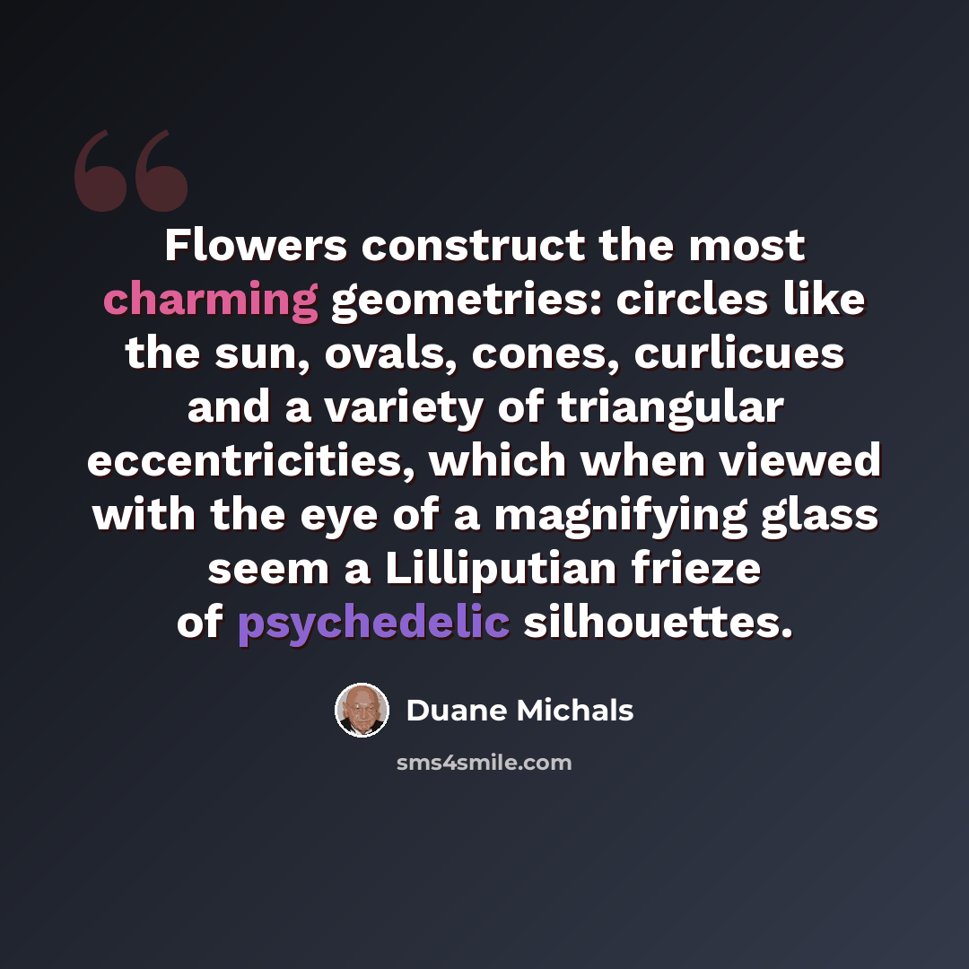 “Flowers construct the most charming geometries: circles like the sun, ovals, cones, curlicues and a variety of triangular eccentricities, which when viewed with the eye of a magnifying glass seem a Lilliputian frieze of psychedelic silhouettes.” quote by Duane Michals