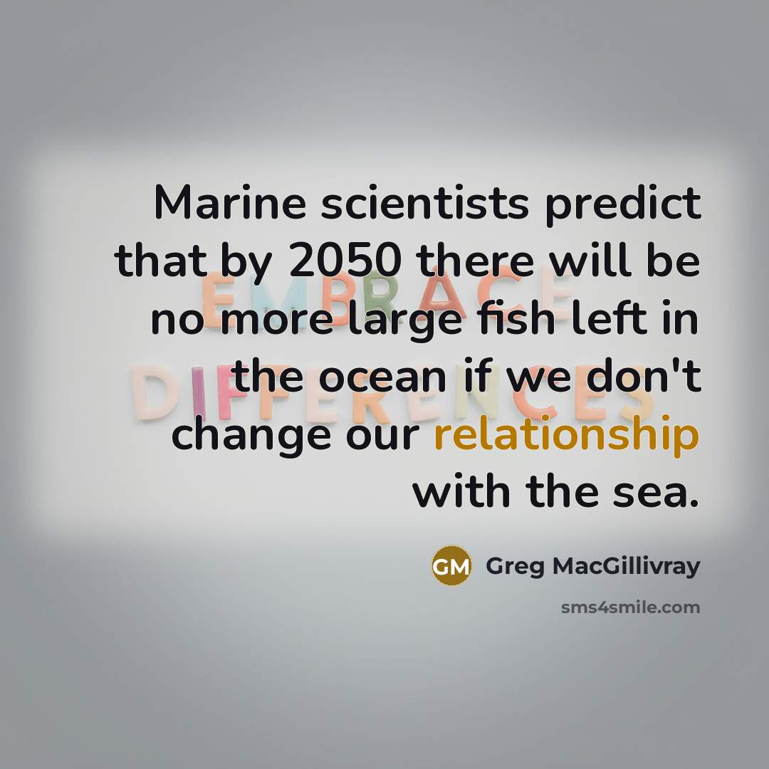 “Marine scientists predict that by 2050 there will be no more large fish left in the ocean if we don't change our relationship with the sea.” quote by Greg MacGillivray