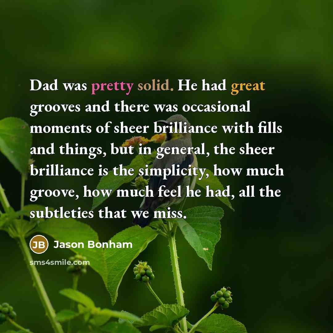 “Dad was pretty solid. He had great grooves and there was occasional moments of sheer brilliance with fills and things, but in general, the sheer brilliance is the simplicity, how much groove, how much feel he had, all the subtleties that we miss.” quote by Jason Bonham