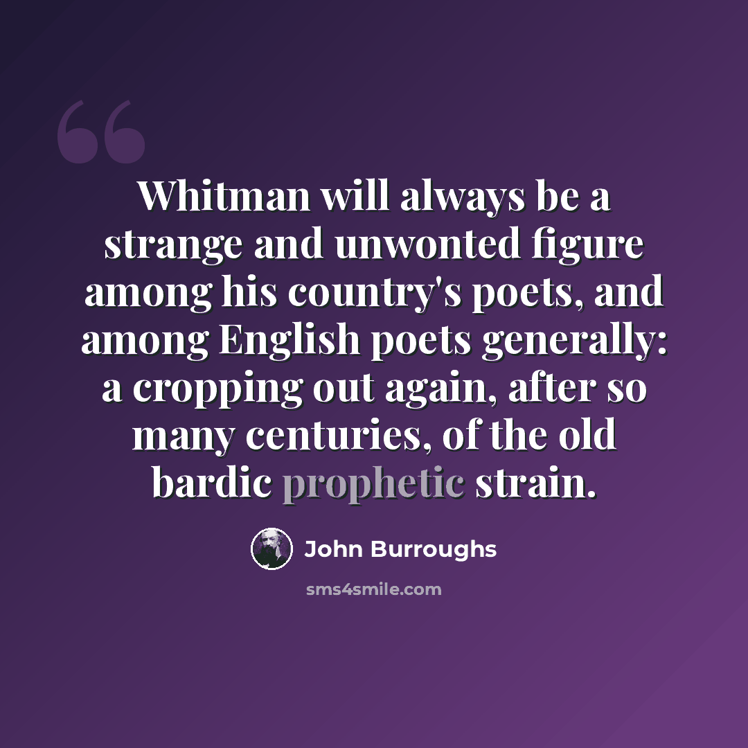 “Whitman will always be a strange and unwonted figure among his country's poets, and among English poets generally: a cropping out again, after so many centuries, of the old bardic prophetic strain.” quote by John Burroughs