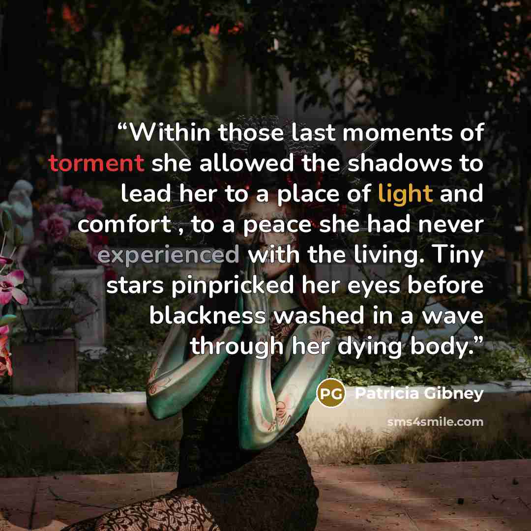 “Within those last moments of torment she allowed the shadows to lead her to a place of light and comfort , to a peace she had never experienced with the living. Tiny stars pinpricked her eyes before blackness washed in a wave through her dying body.” quote by Patricia Gibney