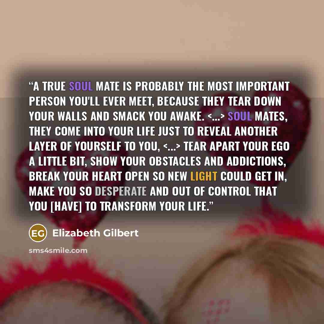 “A true soul mate is probably the most important person you'll ever meet, because they tear down your walls and smack you awake. Soul mates, they come into your life just to reveal another layer of yourself to you, tear apart your ego a little bit, show your obstacles and addictions, break your…” quote by Elizabeth Gilbert
